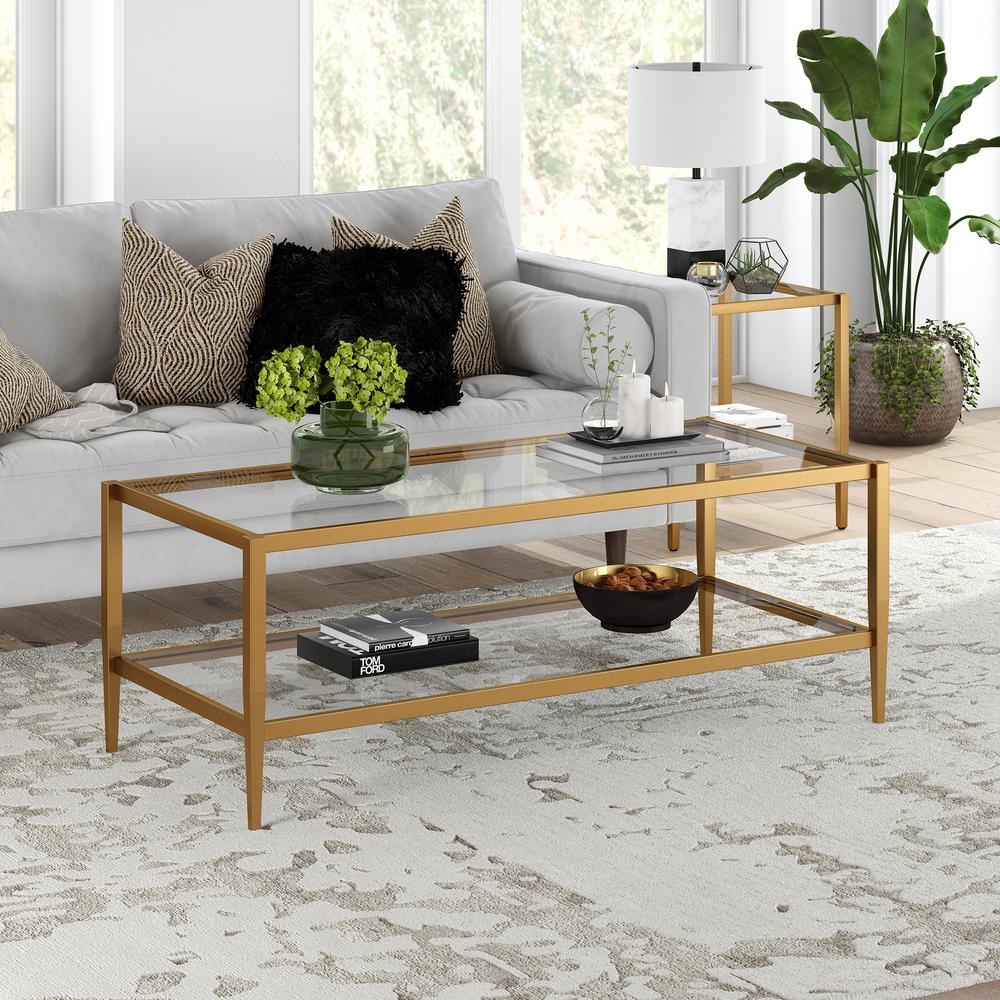 Hera 45'' Wide Rectangular Coffee Table with Glass Shelf in Antique Brass. Picture 2