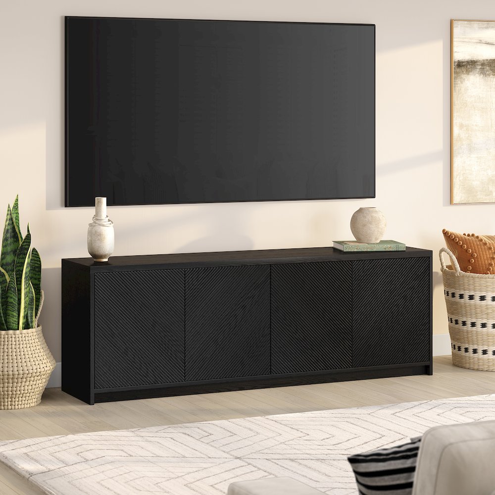 Renad Rectangular TV Stand for TV's up to 78" in Black Grain. Picture 4
