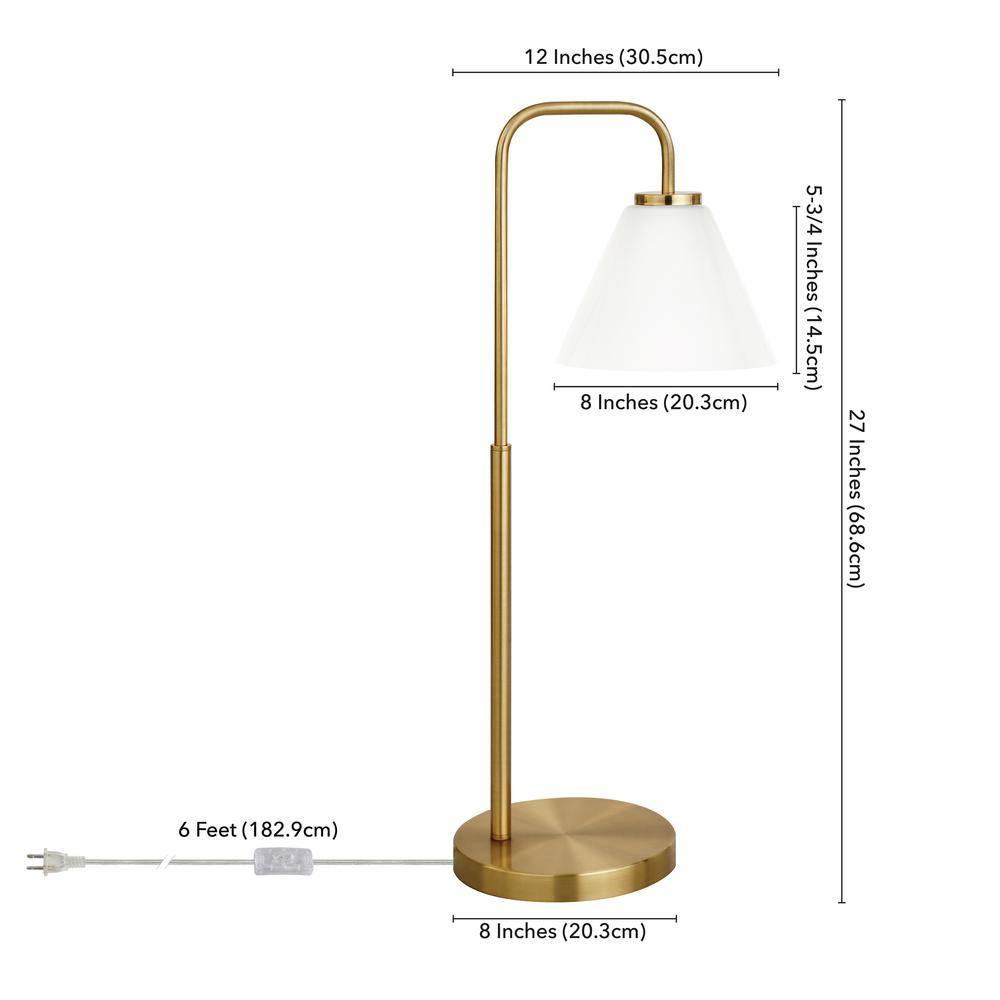 Henderson 27" Tall Arc Table Lamp with Glass Shade in Brass/White Milk. Picture 4