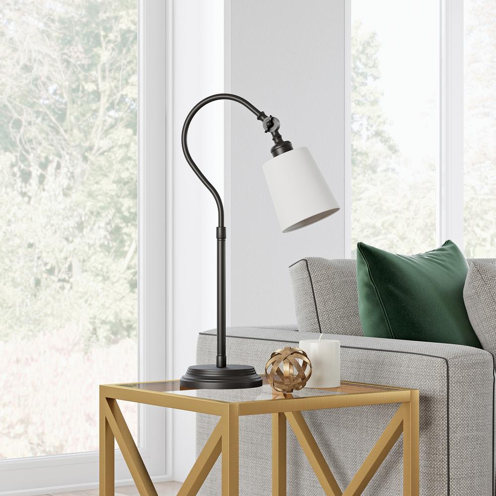 Harland 25" Tall Arc Table Lamp with Fabric Shade in Blackened Bronze/White. Picture 2