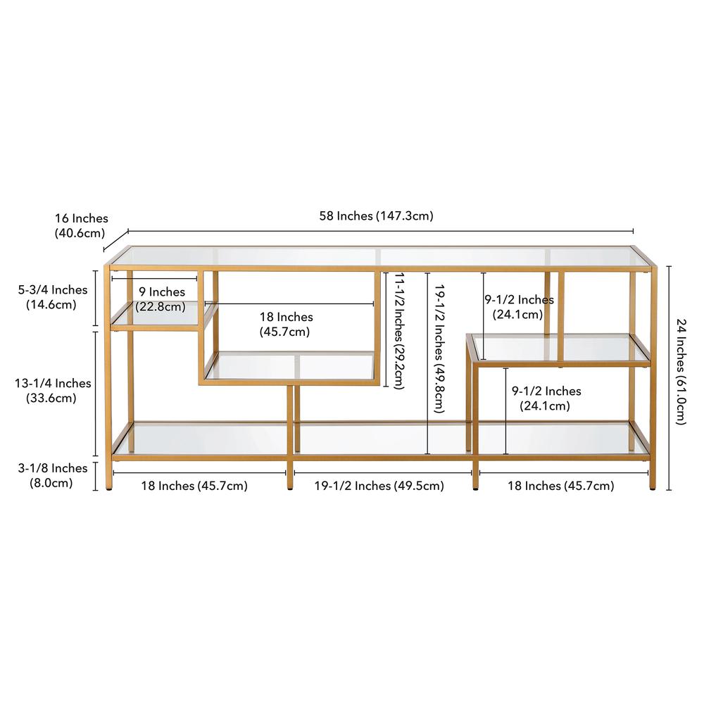 Deveraux Rectangular TV Stand with Glass Shelves for TV's up to 65" in Brass. Picture 5