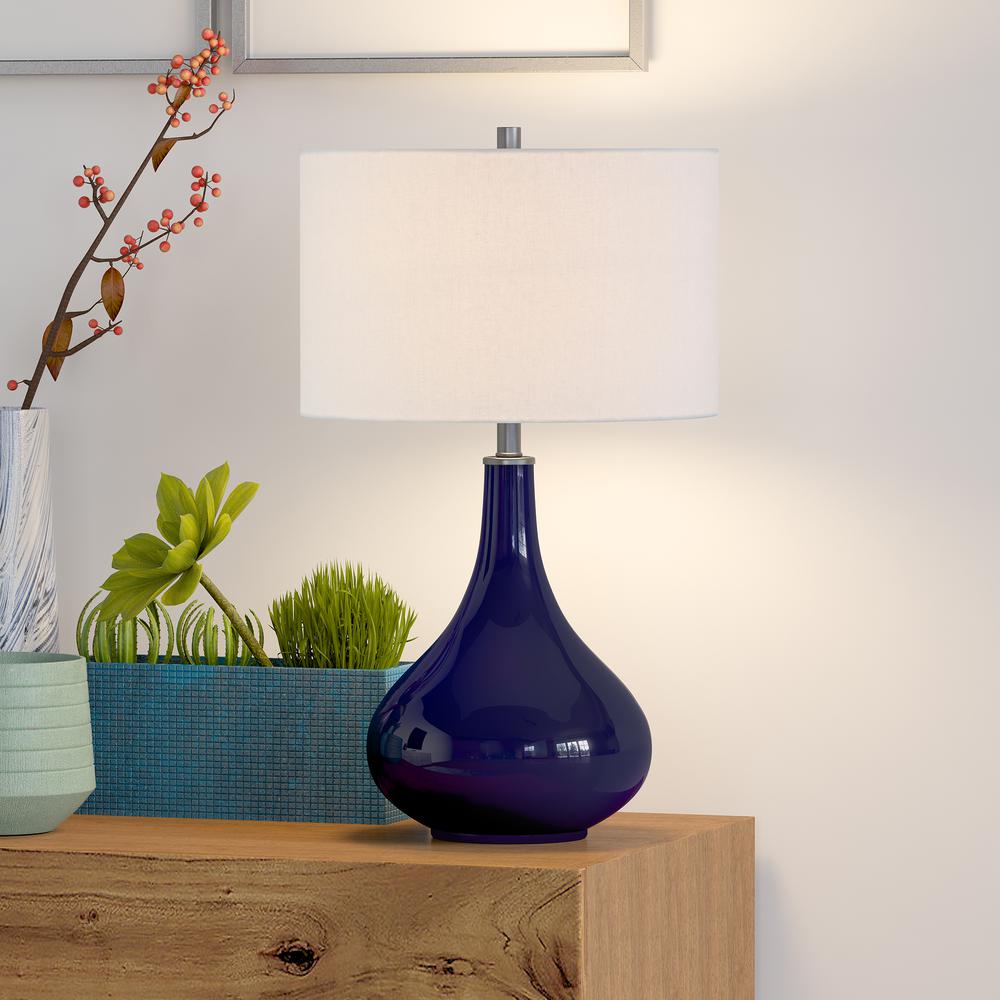 Mirabella 25.5" Tall Table Lamp with Fabric Shade in Navy Blue Glass/White. Picture 3