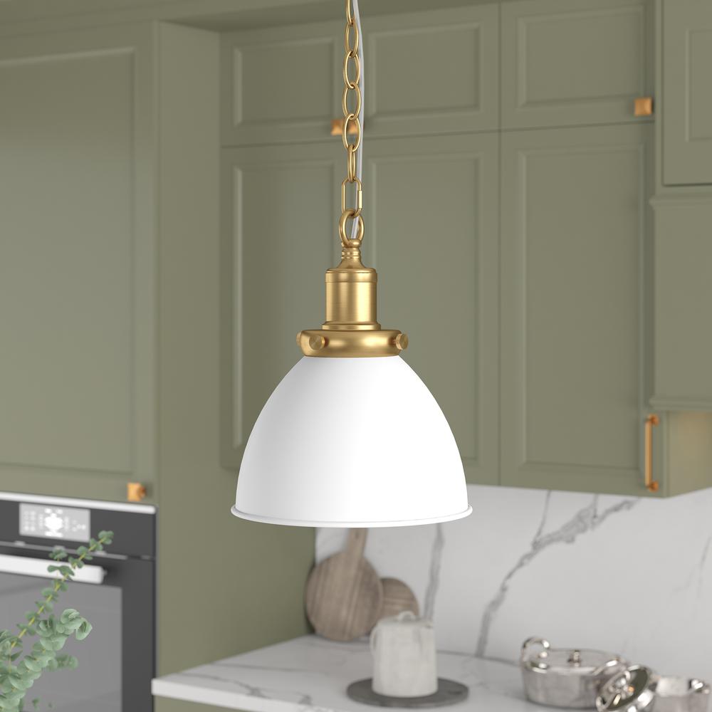 Elodie 8" Wide Pendant with Metal Shade in Matte White/Brass/Matte White. Picture 3