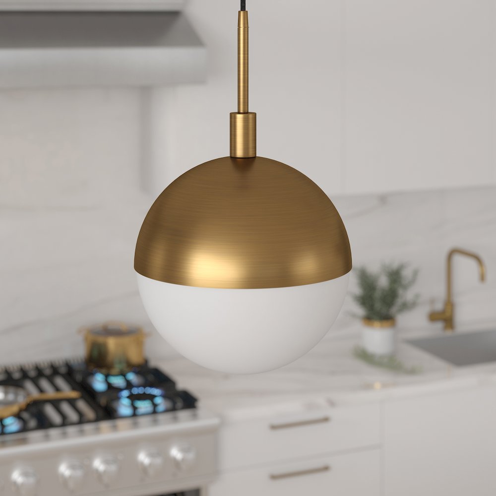 10" Modern Pendant Light Fixture with White Glass Globe Shade and 8' Cord, Gold. Picture 2
