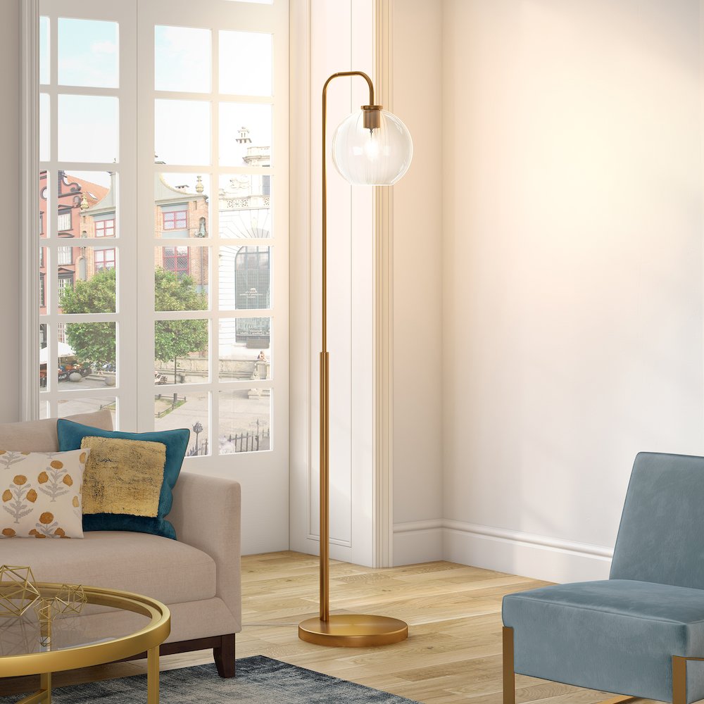 62" Modern 1-Light Floor Lamp with Clear Glass Globe Shade, Gold. Picture 6