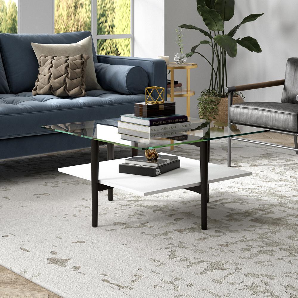 Otto 32" Wide Square Coffee table with White Lacquer in Blackened Bronze. Picture 2