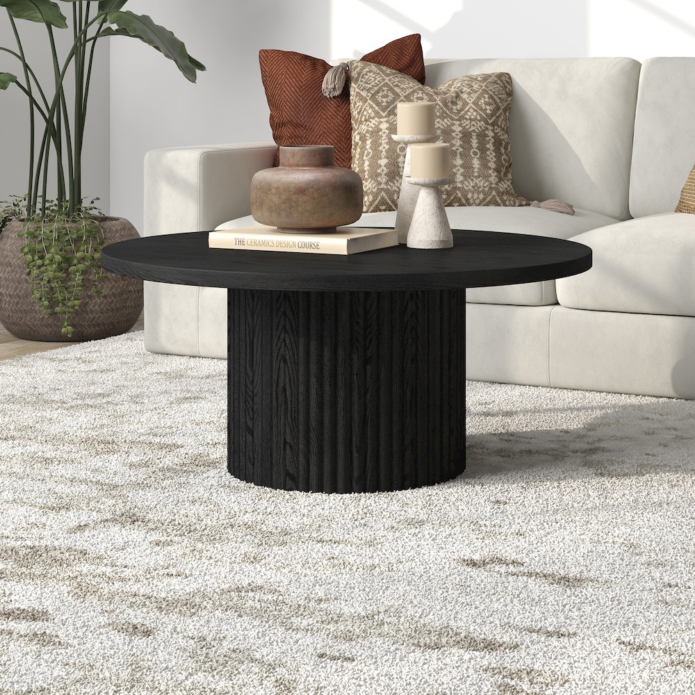 Rollan 32" Wide Round Coffee Table in Black Grain. Picture 3