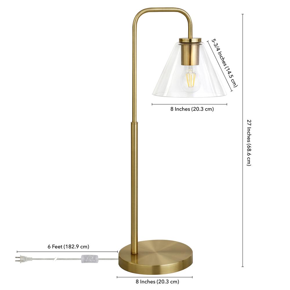 Henderson 27" Tall Arc Table Lamp with Glass Shade in Brass/Clear. Picture 4