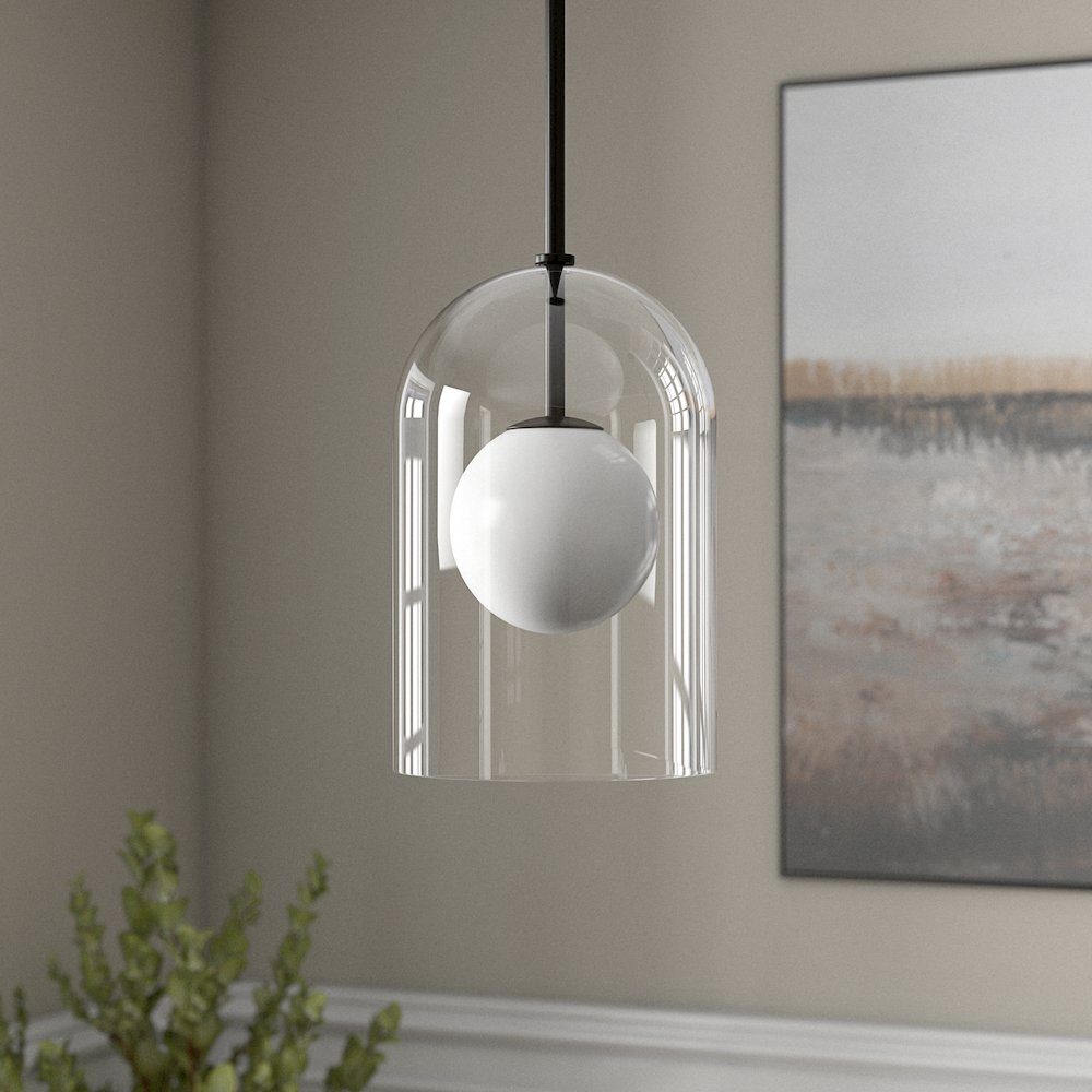 8" Wide Double Layer Pendant with Glass Shade in Blackened Bronze. Picture 3