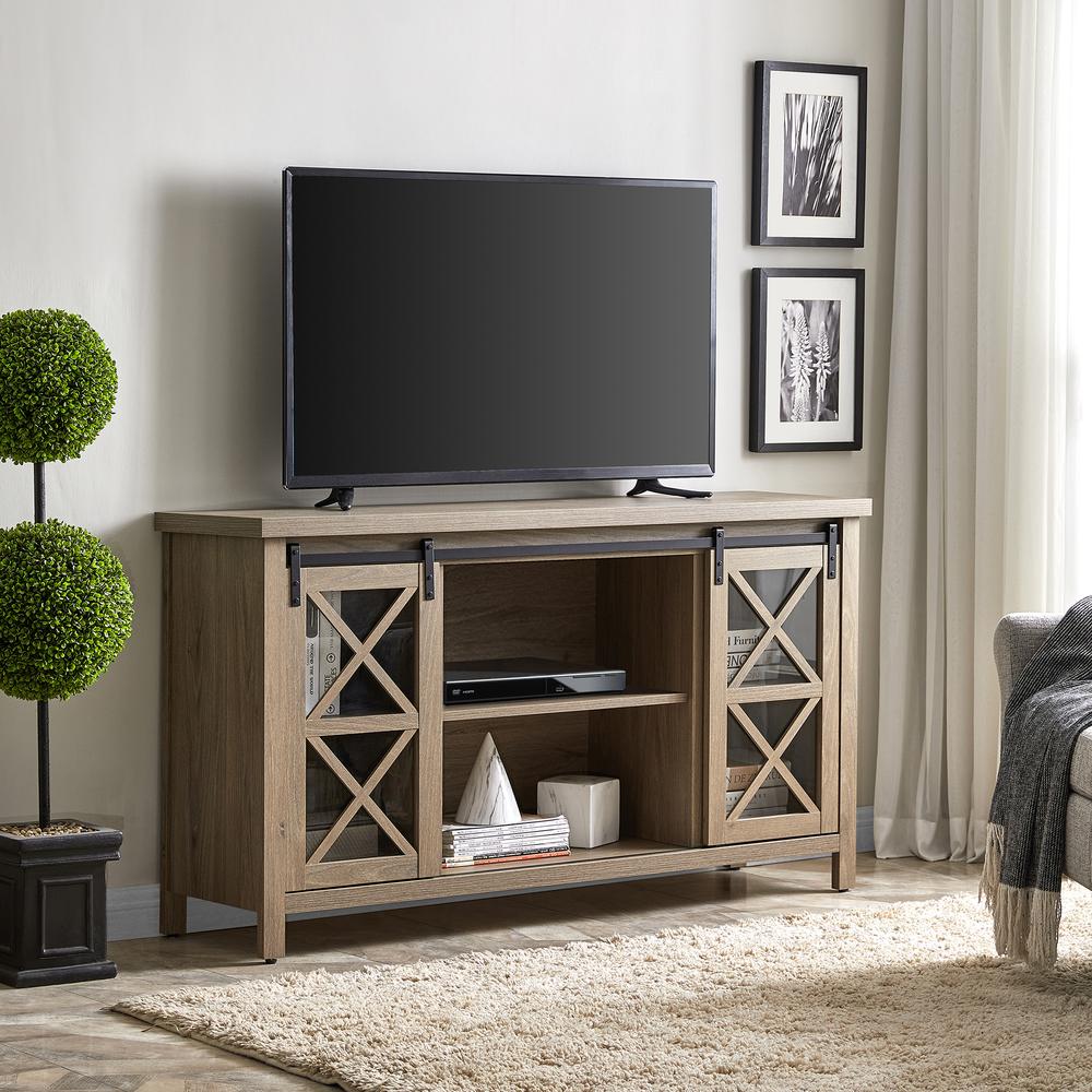 Clementine Rectangular TV Stand for TV's up to 65" in Antiqued Gray Oak. Picture 2