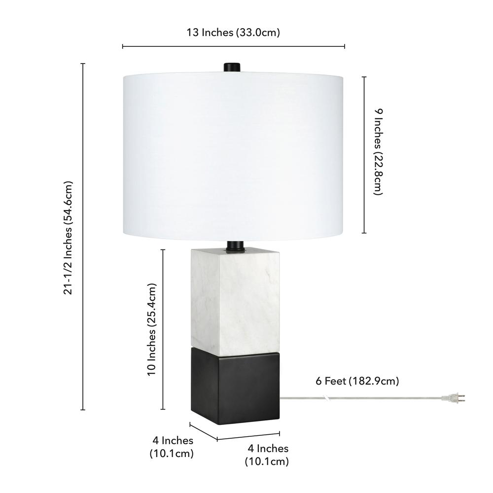 Lena 21.5" Tall Table Lamp with Fabric Shade in Marble/Blackened Bronze/White. Picture 4