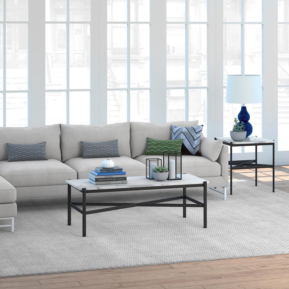 Braxton 46'' Wide Rectangular Coffee Table with Faux Marble Top in Blackened Bronze. Picture 4