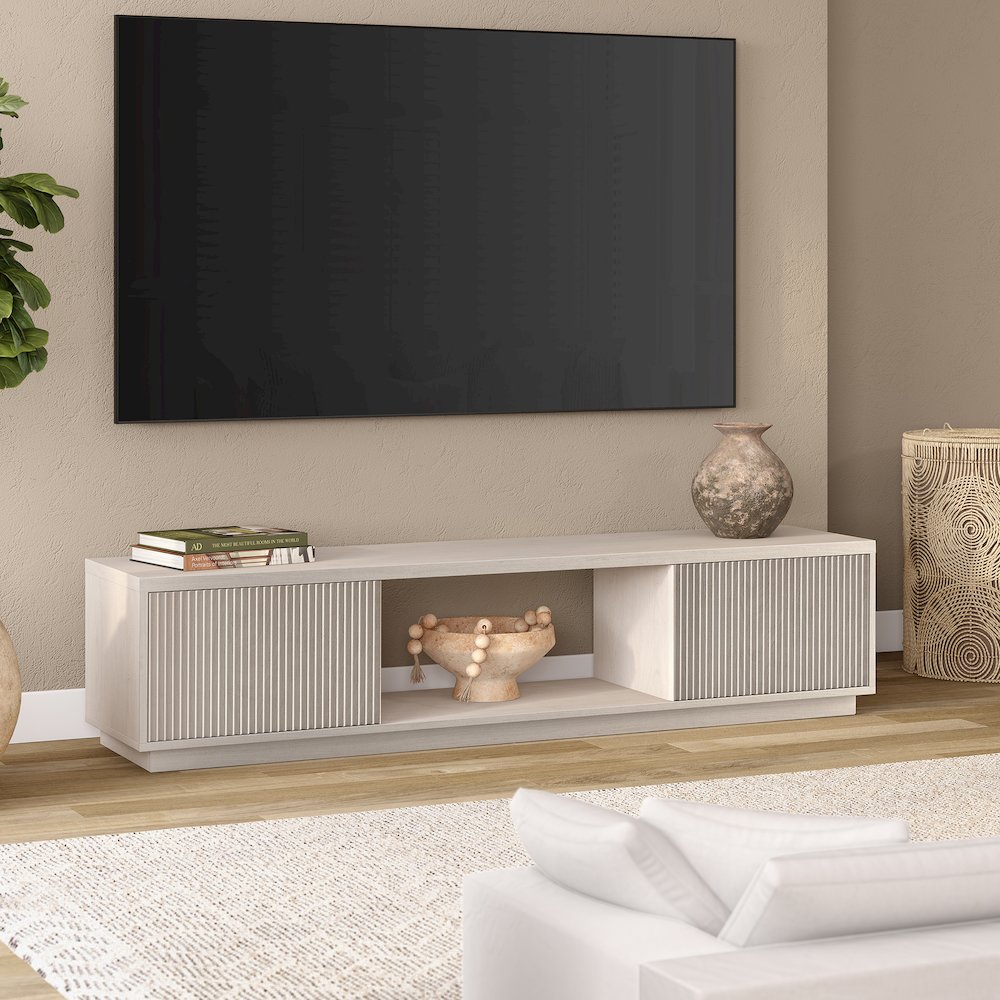 Fluted TV Stand for TVs up to 78", 2 Side Cabinets, Center Storage, Alder White. Picture 4