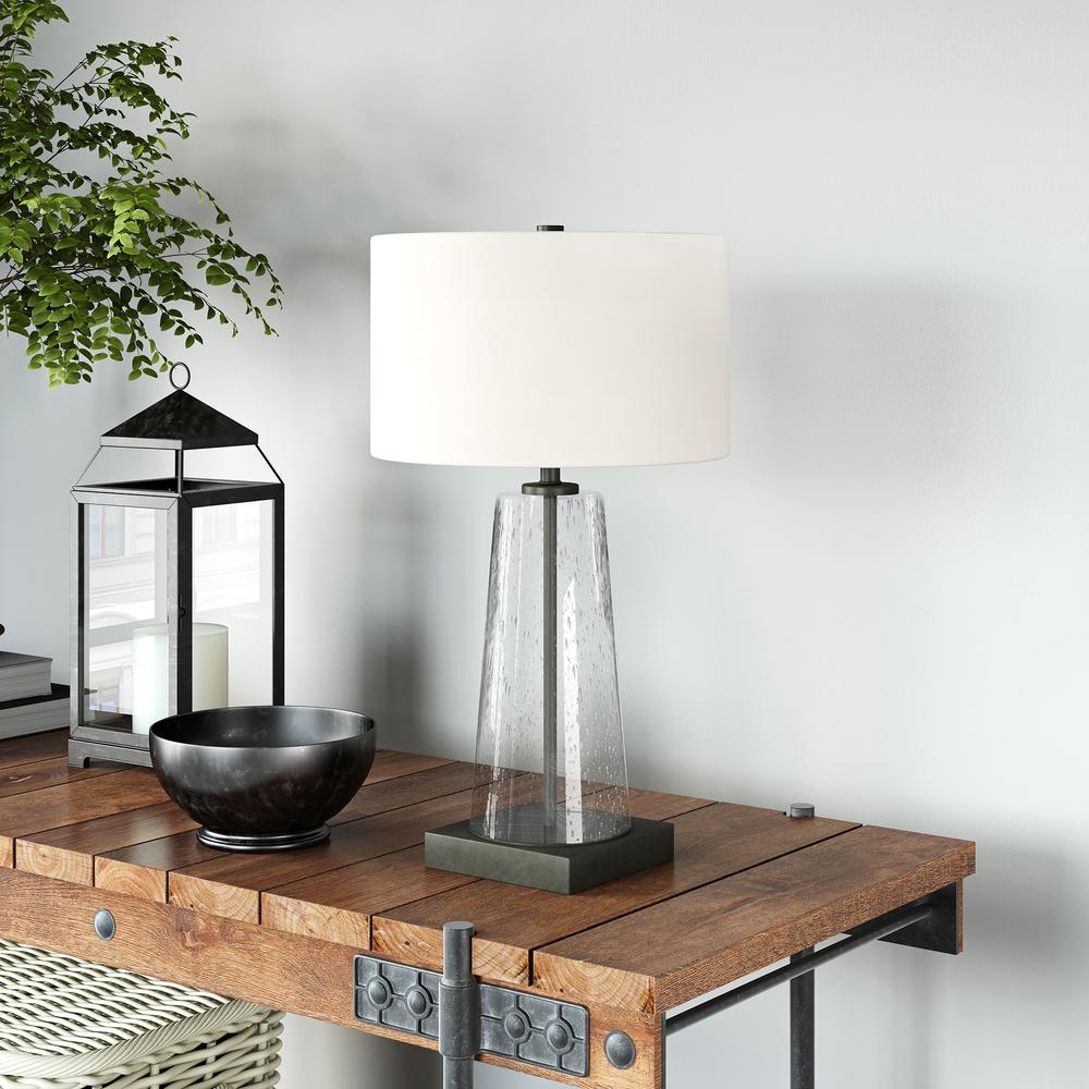 Dax 27.5" Tall Table Lamp with Fabric Shade in Seeded Glass/Blackened Bronze/White. Picture 2