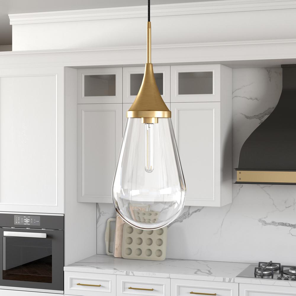 Ambrose 8.63" Wide Pendant with Glass Shade in Brass/Clear. Picture 2