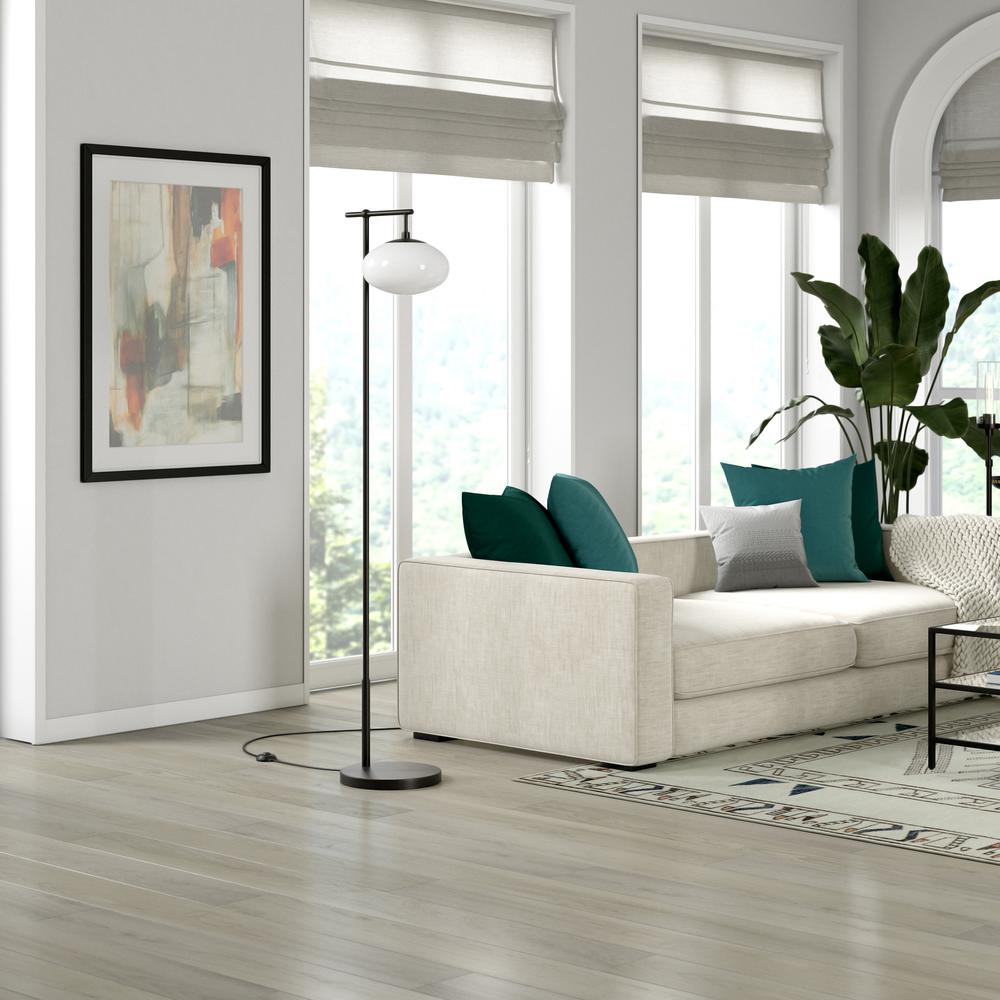 Blume 68" Tall Arc Floor Lamp with Glass Shade in Blackened Bronze/Milk White. Picture 4