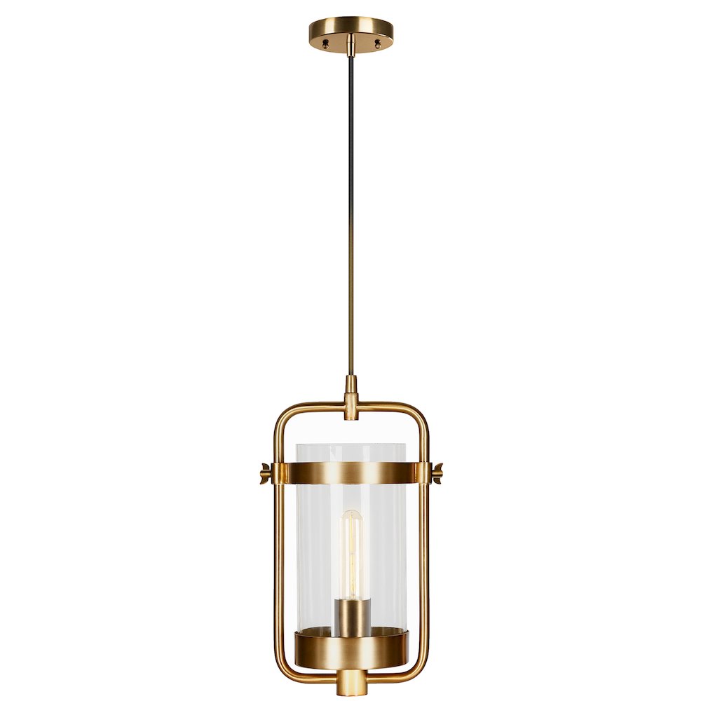 11" Industrial Pendant Light Fixture with Clear Glass Shade and 8' Cord, Gold. Picture 3