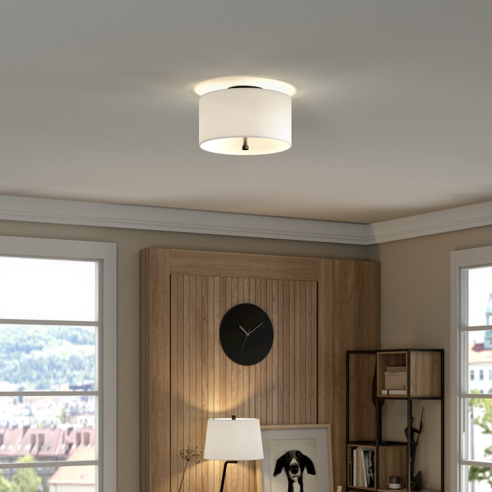 12" 1-Light Flush Mount Ceiling Light Fixture with White Shade, Flat Black. Picture 5