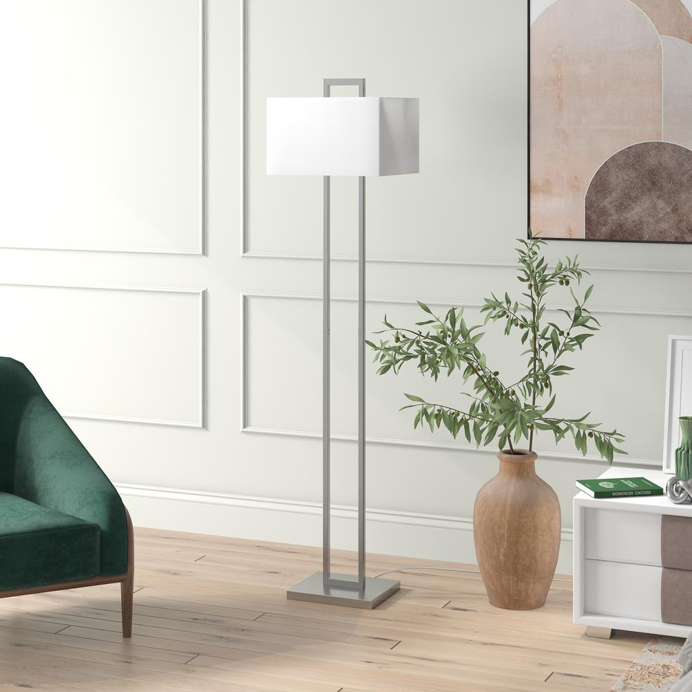 Adair 68" Tall Floor Lamp with Fabric Shade in Brushed Nickel/White. Picture 2