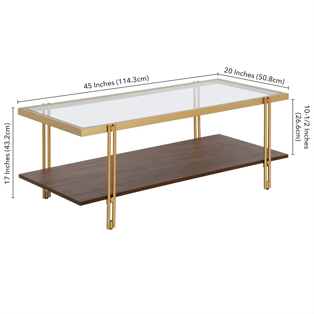 45" Rectangular Coffee Table with Glass Top and  Storage Shelf, Gold/Amber Brown. Picture 8