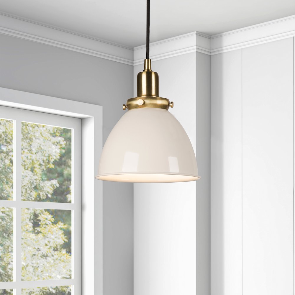 8"  Two-Toned Pendant Fixture with  White Metal Shade and 8' Cord,  White/Gold. Picture 5