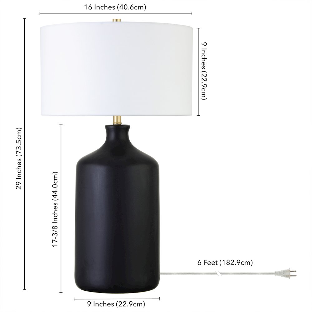 29" Transitional 1-Light Table Lamp with White Fabric Drum Shade, Flat Black. Picture 6