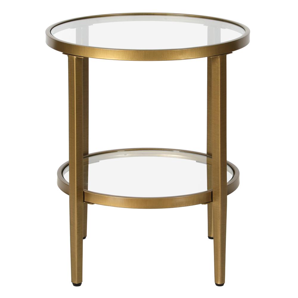 Hera 19.63'' Wide Round Side Table with Clear Glass Shelf in Antique Brass. Picture 3