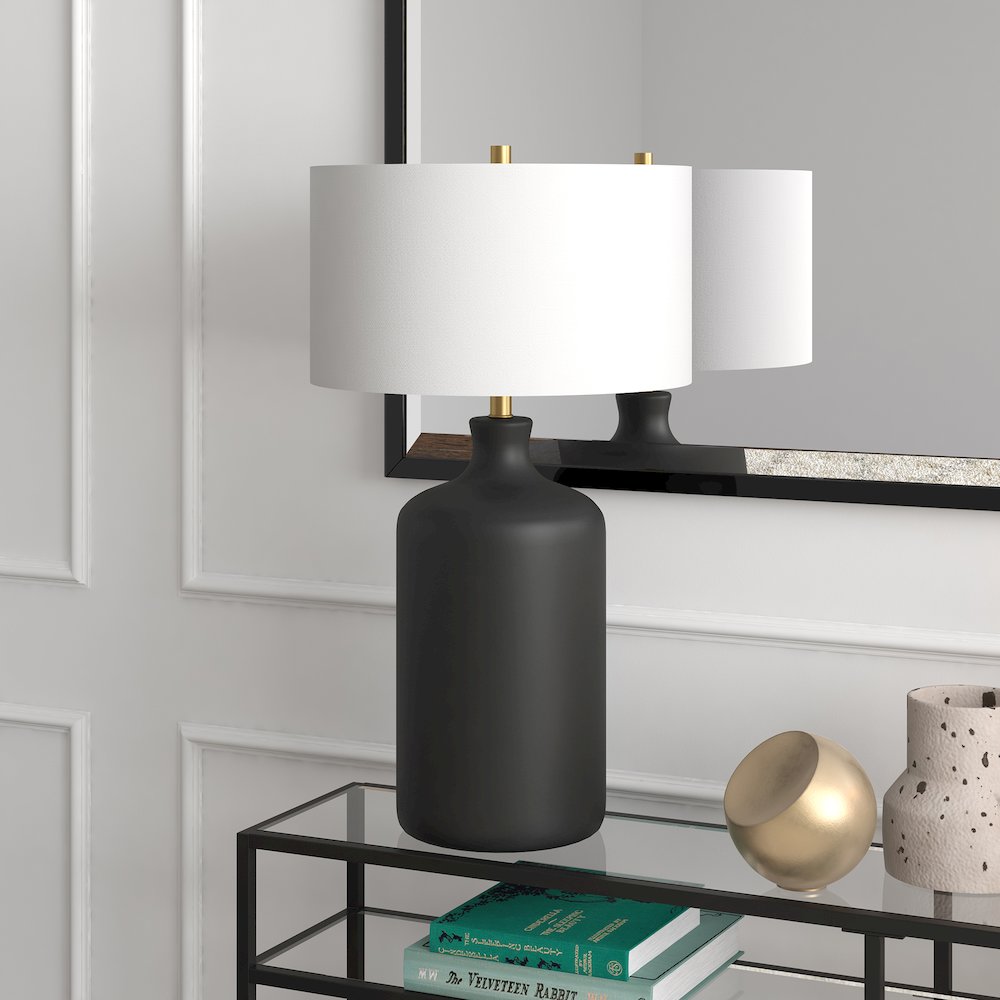 29" Transitional 1-Light Table Lamp with White Fabric Drum Shade, Flat Black. Picture 2