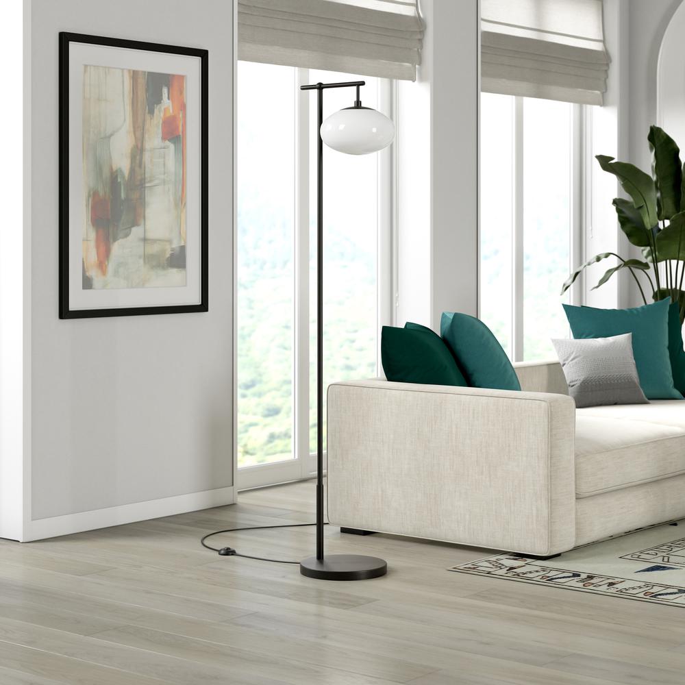 Blume 68" Tall Arc Floor Lamp with Glass Shade in Blackened Bronze/Milk White. Picture 2