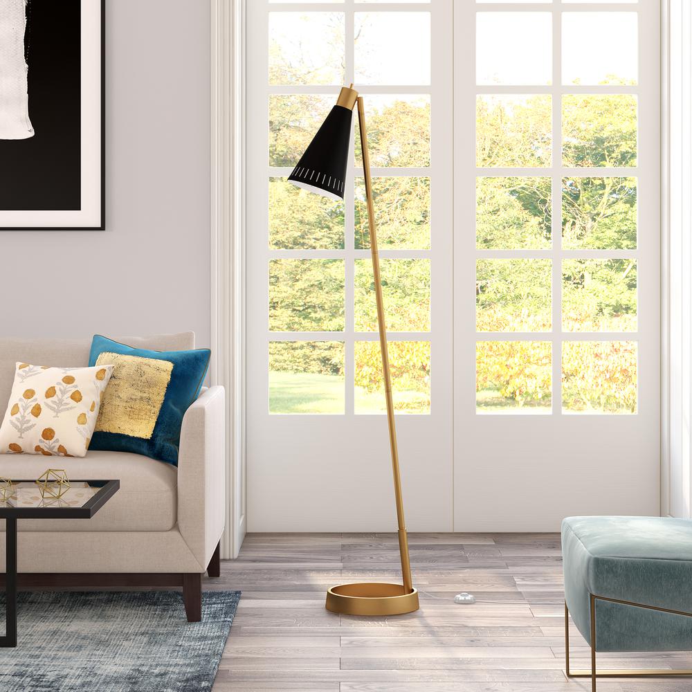 Kintam 62.25" Tall Floor Lamp with Metal Shade in Brushed Brass/Matte Black. Picture 2