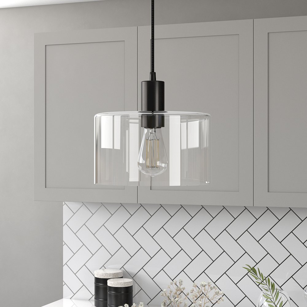 10" Pendant Light Fixture with Clear Glass Shade and 8' Adjustable Cord, Black. Picture 2