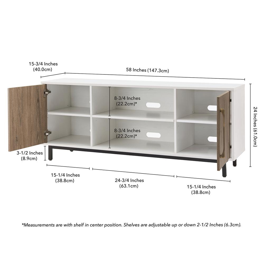 Julian Rectangular TV Stand for TV's up to 65" in White/Antiqued Gray Oak. Picture 5