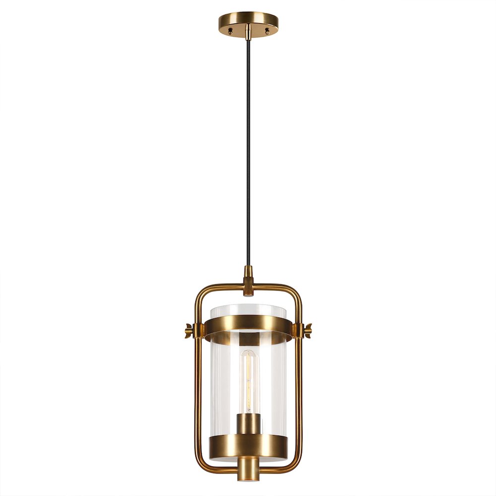 11" Industrial Pendant Light Fixture with Clear Glass Shade and 8' Cord, Gold. Picture 1