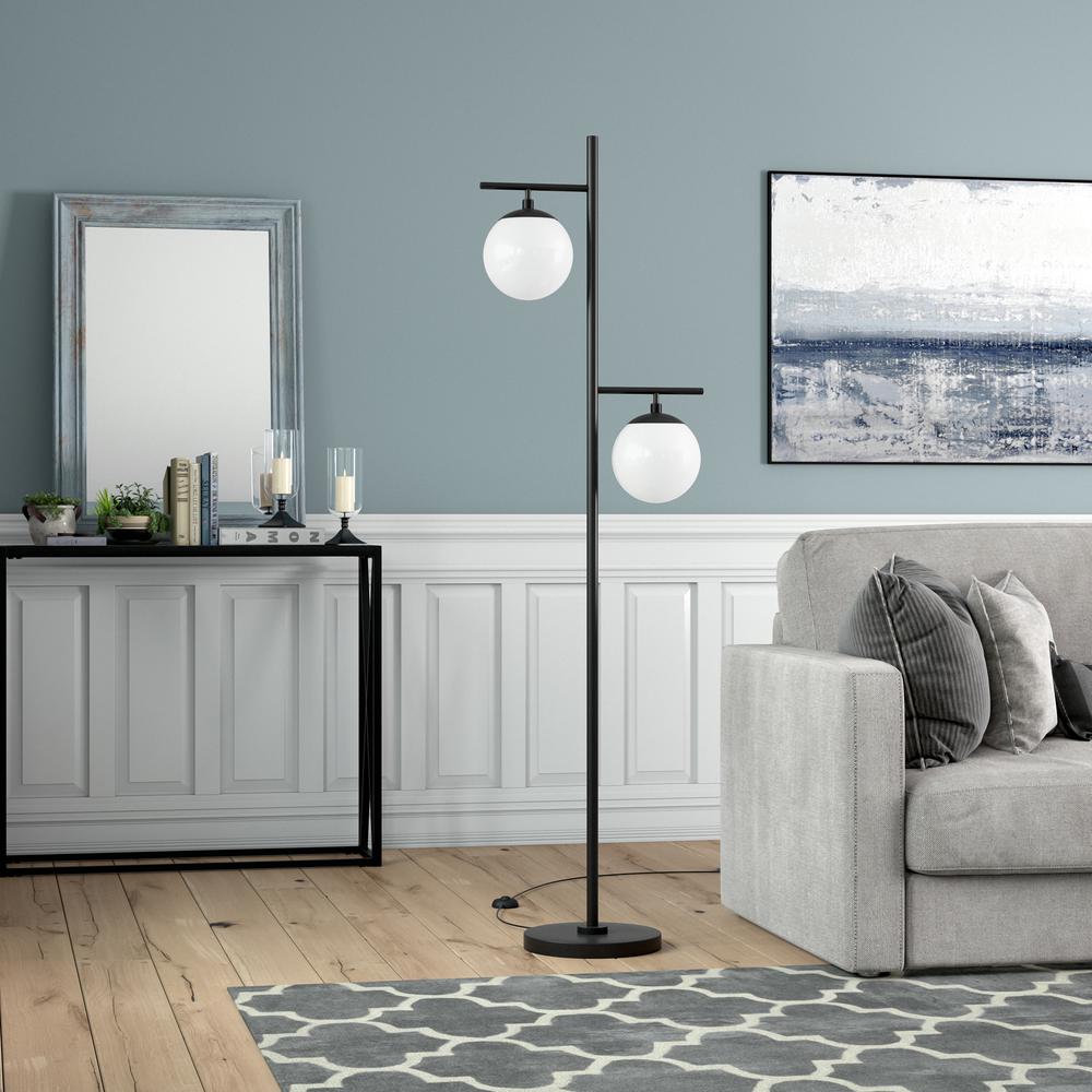 Pyrus 2-Light Floor Lamp with Glass Shades in Blackened Bronze/White Milk. Picture 2