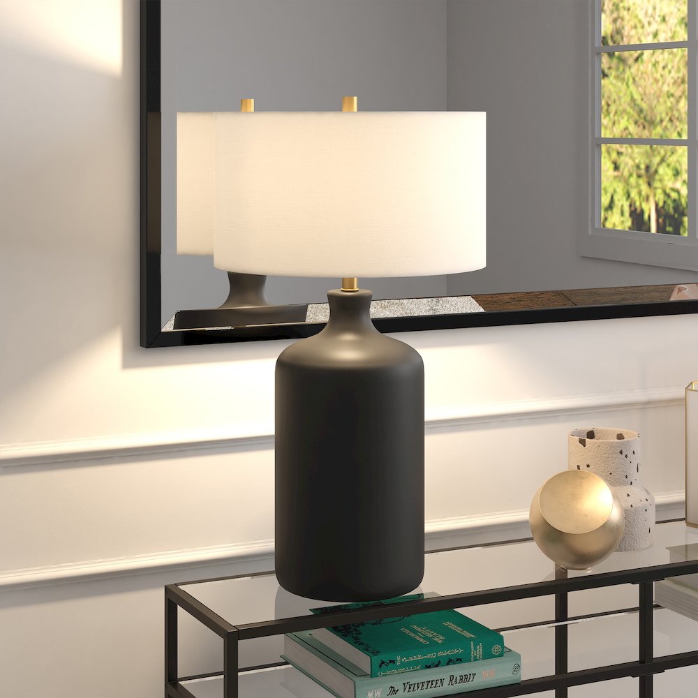 29" Transitional 1-Light Table Lamp with White Fabric Drum Shade, Flat Black. Picture 5