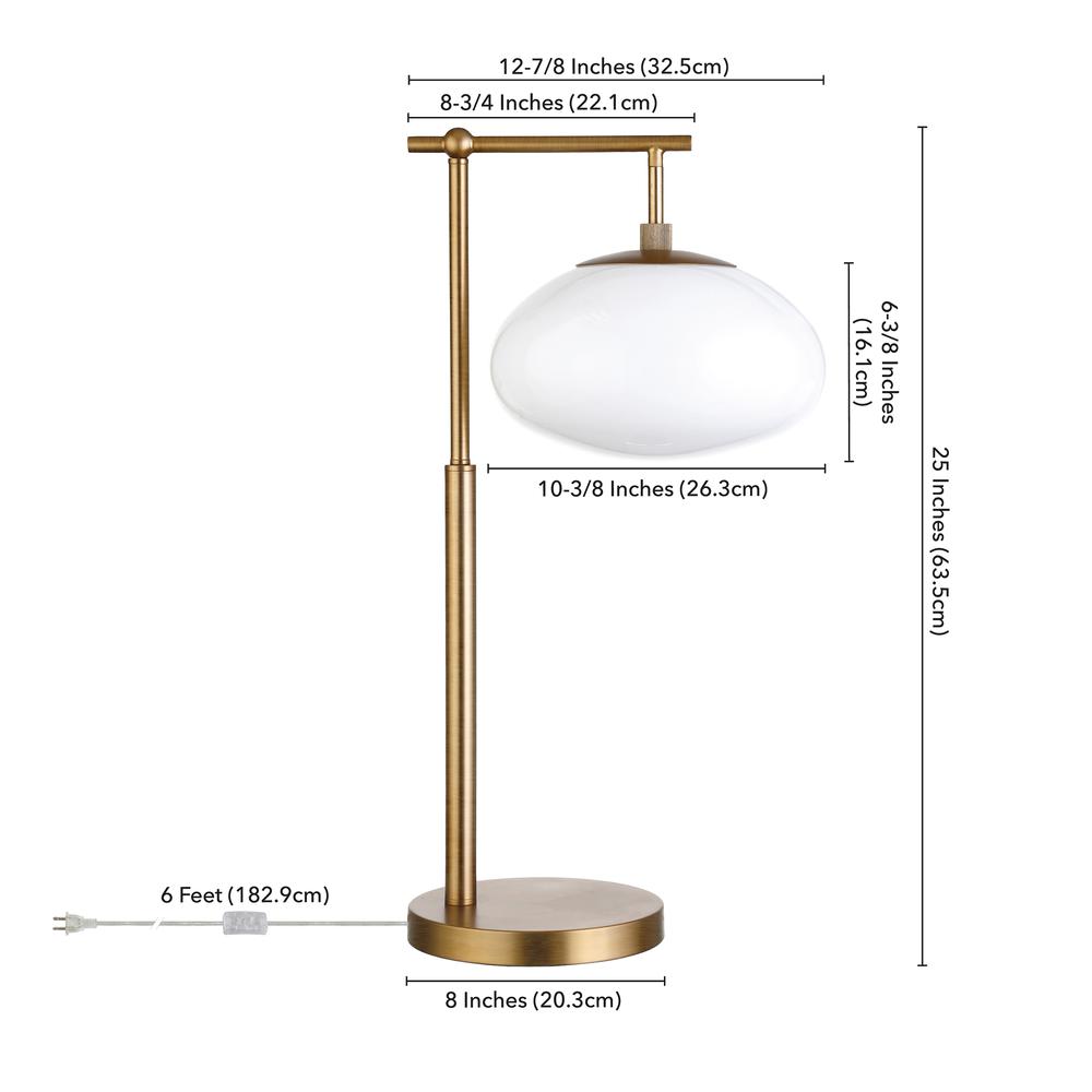 Blume 25" Tall Arc Table Lamp with Glass Shade in Brushed Brass/White Milk. Picture 6