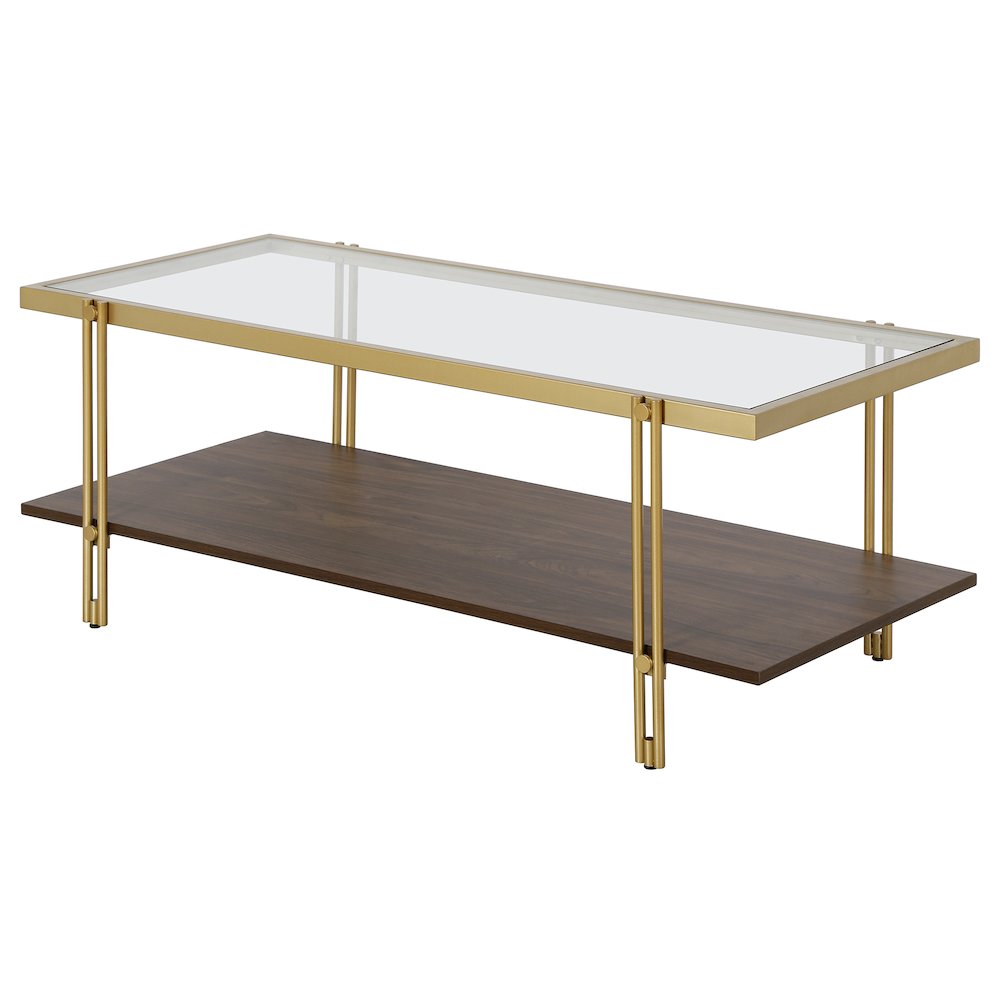 45" Rectangular Coffee Table with Glass Top and  Storage Shelf, Gold/Amber Brown. Picture 4