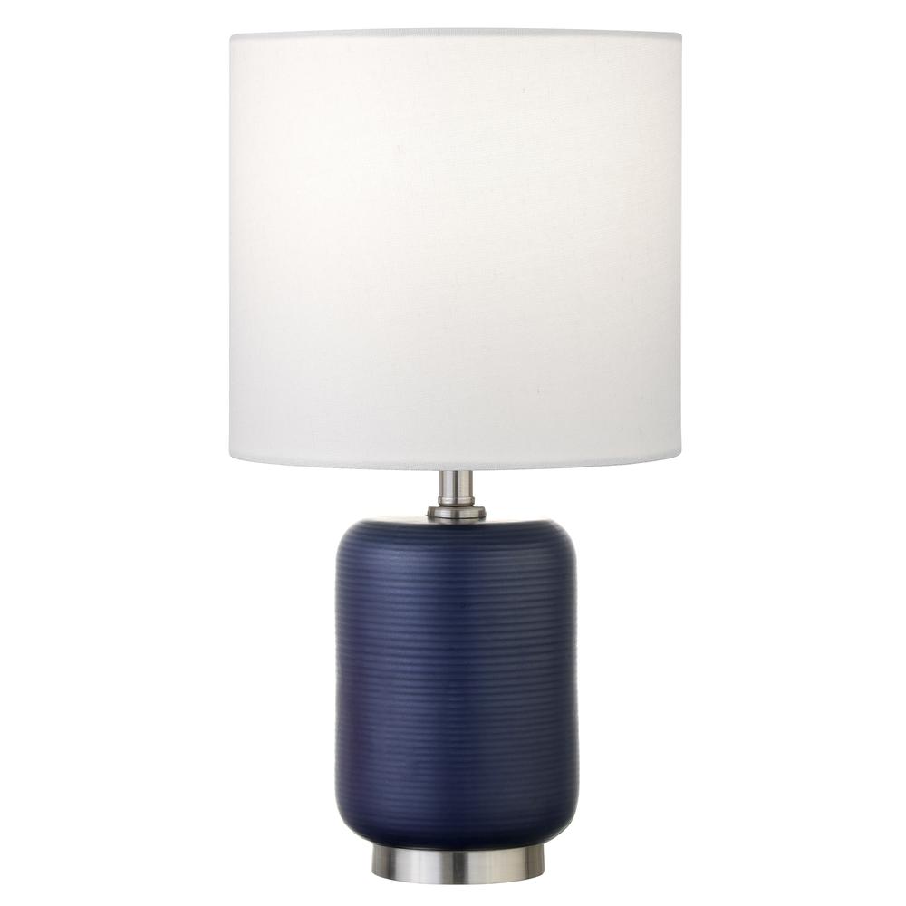 Lambert 15" Tall Ceramic Mini Lamp with Fabric Shade in Navy/Brushed Nickel/White. Picture 1