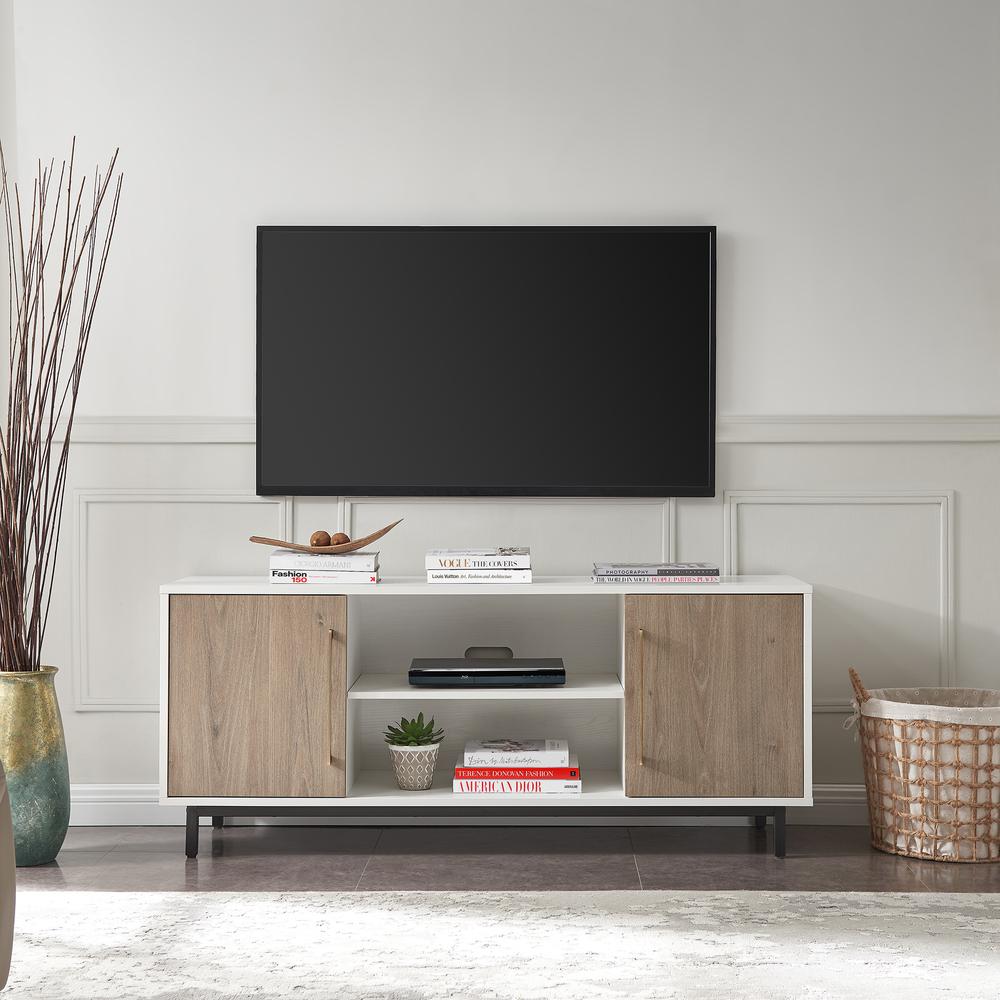 Julian Rectangular TV Stand for TV's up to 65" in White/Antiqued Gray Oak. Picture 4