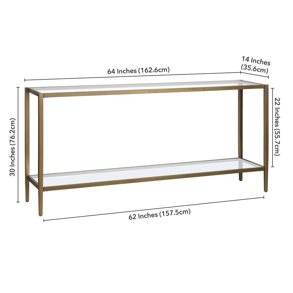 Hera 64'' Wide Rectangular Console Table with Glass Shelf in Brushed Brass. Picture 5