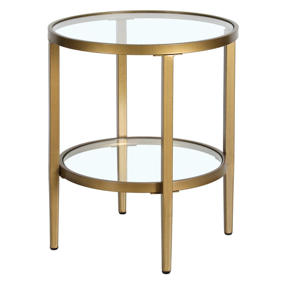 Hera 19.63'' Wide Round Side Table with Clear Glass Shelf in Antique Brass. Picture 1