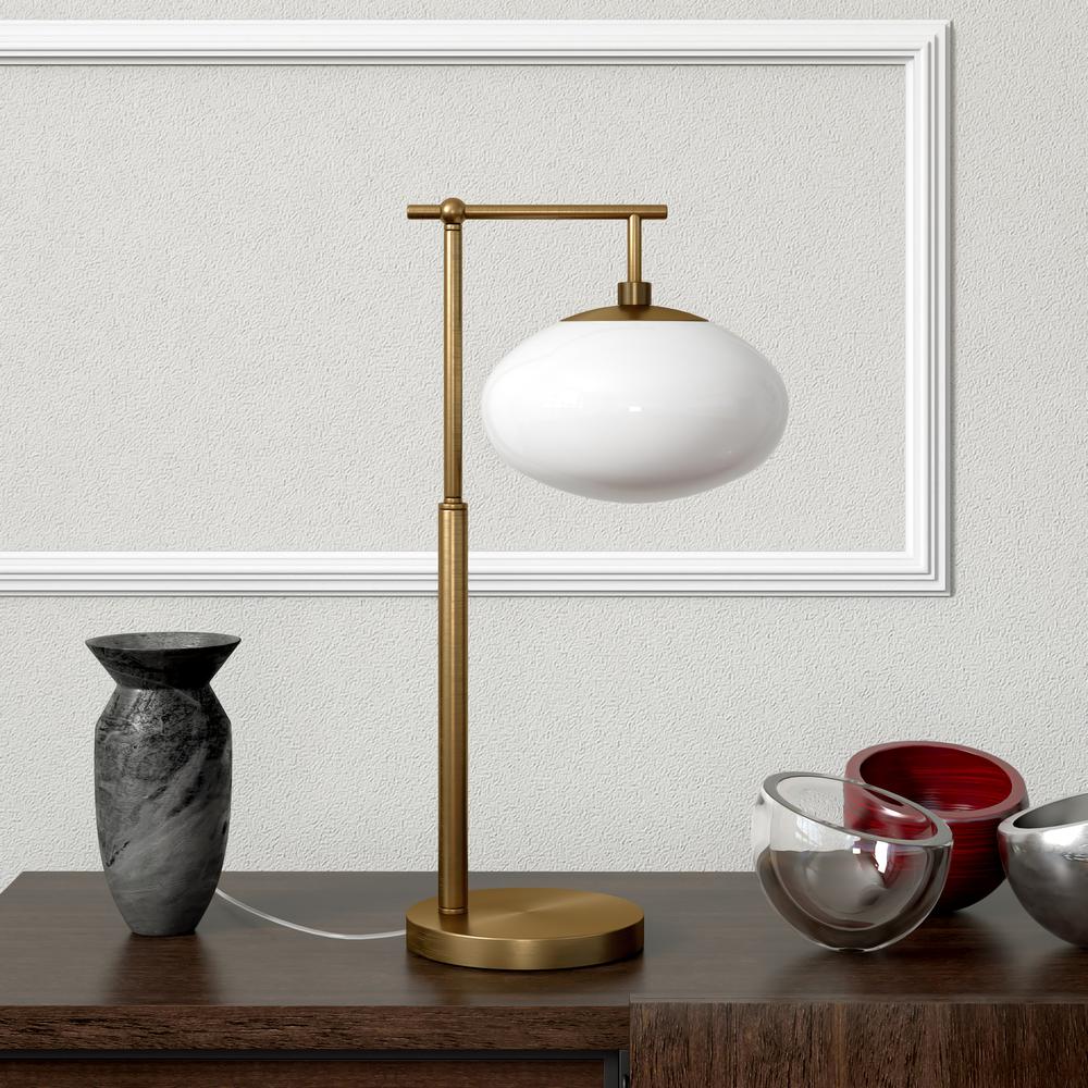 Blume 25" Tall Arc Table Lamp with Glass Shade in Brushed Brass/White Milk. Picture 3