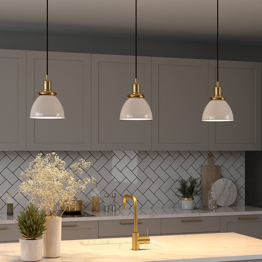 8"  Two-Toned Pendant Fixture with  White Metal Shade and 8' Cord,  White/Gold. Picture 6