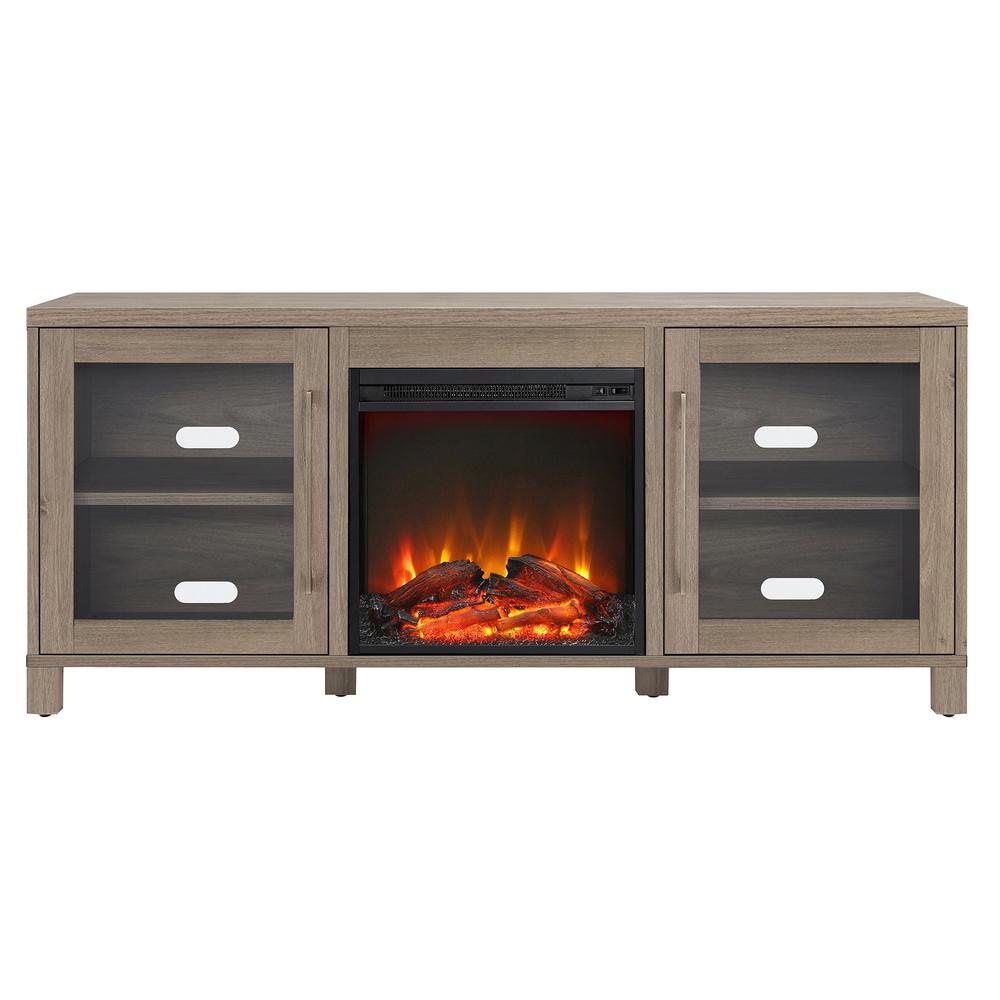 Quincy Rectangular TV Stand with Log Fireplace for TV's up to 65" in Antiqued Gray Oak. Picture 3