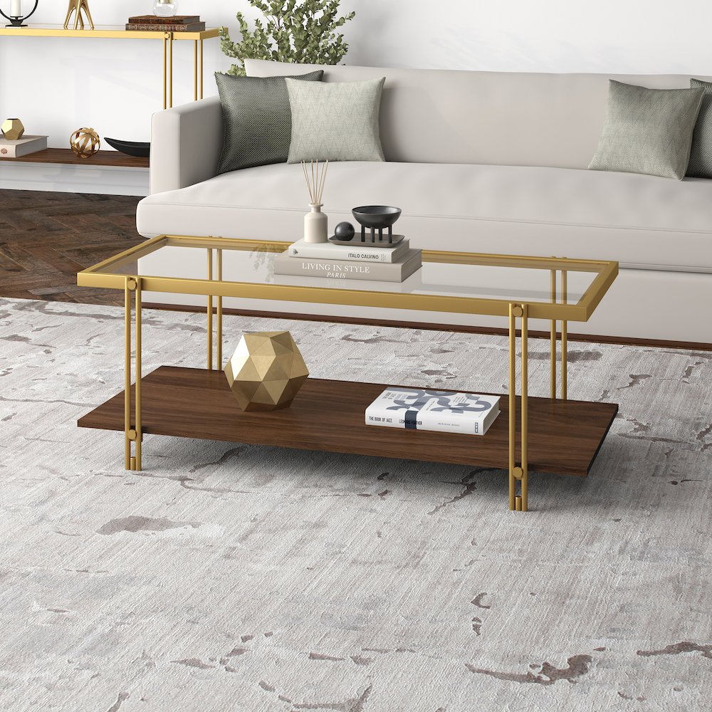 45" Rectangular Coffee Table with Glass Top and  Storage Shelf, Gold/Amber Brown. Picture 2