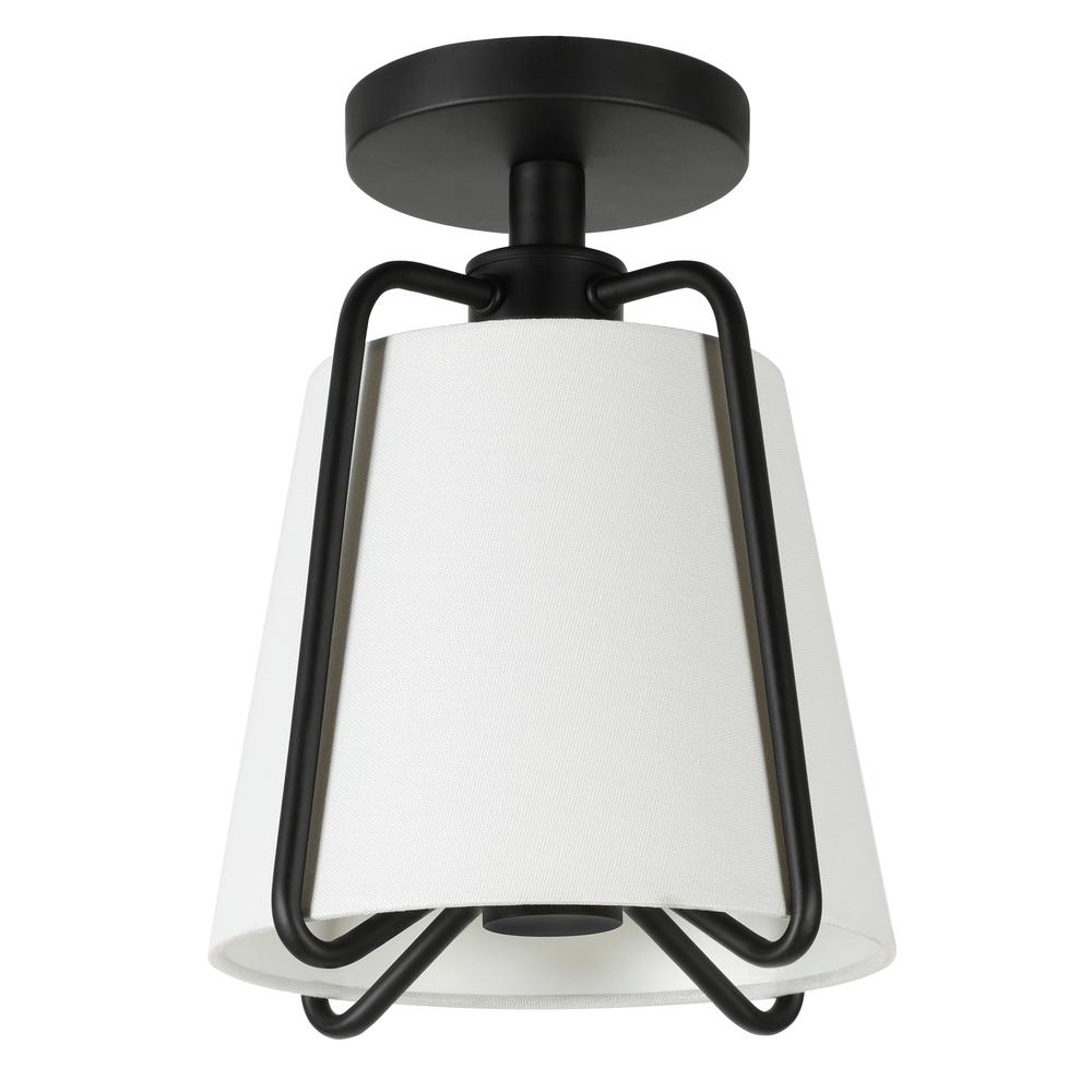 Marduk 9.5" Semi Flush Mount with Fabric Shade in Blackened Bronze/White. Picture 1