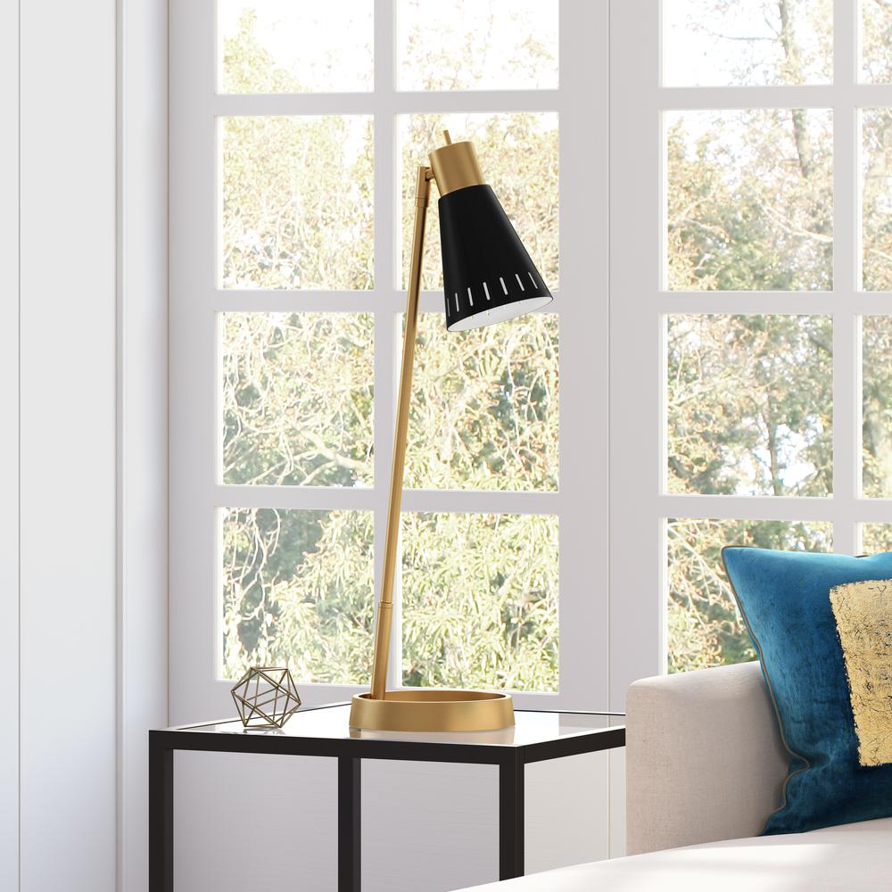 Kintam 27" Tall Table Lamp with Metal Shade in Brass/Matte Black. Picture 2