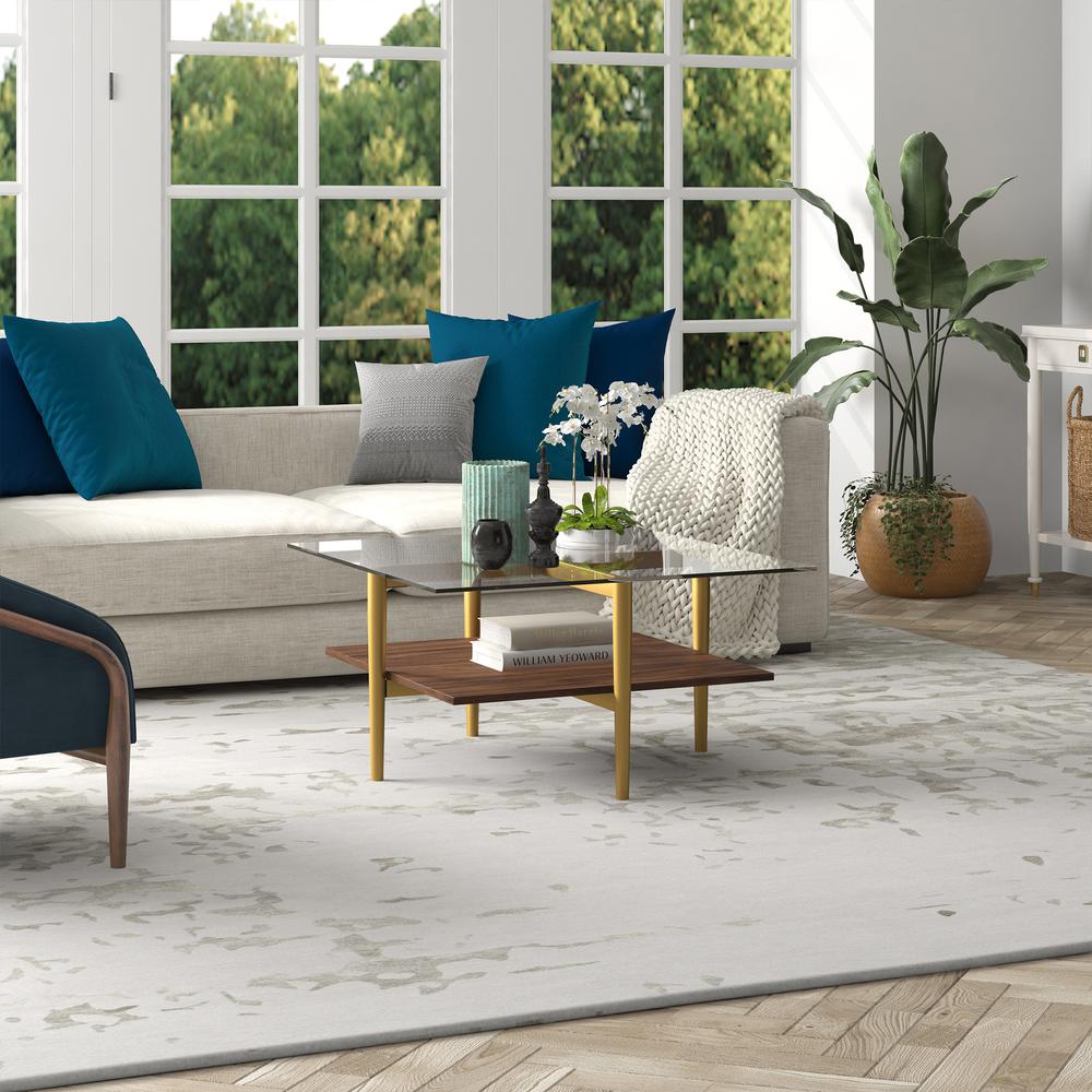 Otto 32" Wide Square Coffee Table with Faux Walnut Shelf in Brass. Picture 4