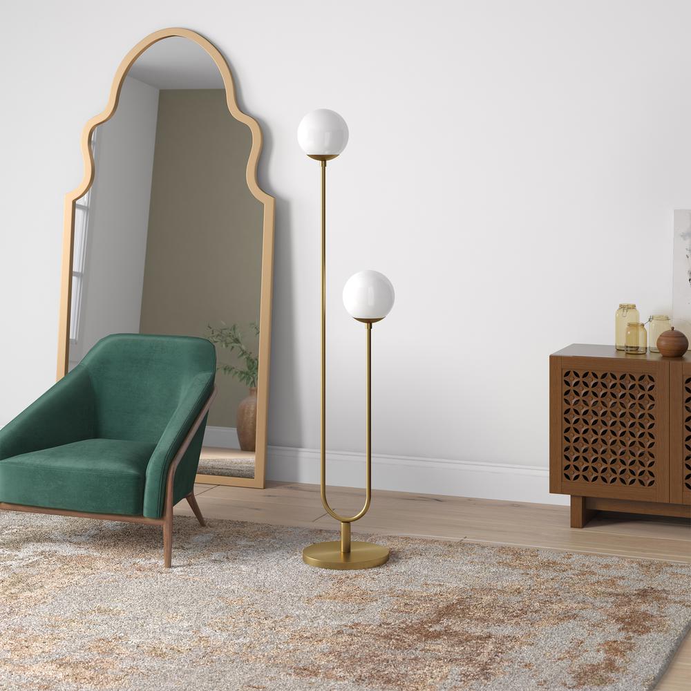 Dufrene 2-Light Floor Lamp with Glass Shades in Brass/White Milk. Picture 4
