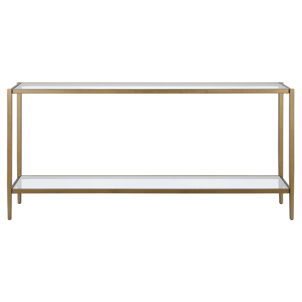 Hera 64'' Wide Rectangular Console Table with Glass Shelf in Brushed Brass. Picture 3